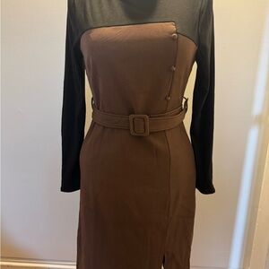 Elegant Brown and Black Belted Dress